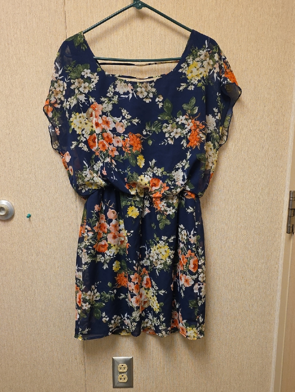 City Triangles Navy Floral Elastic-Waist Mini Dress with Orange & Yellow Flowers